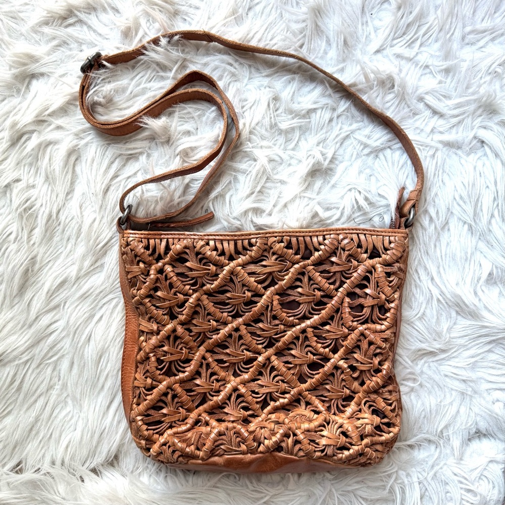 Anthropologie Vilenca Leather woven braided boho crossbody bucket purse bag